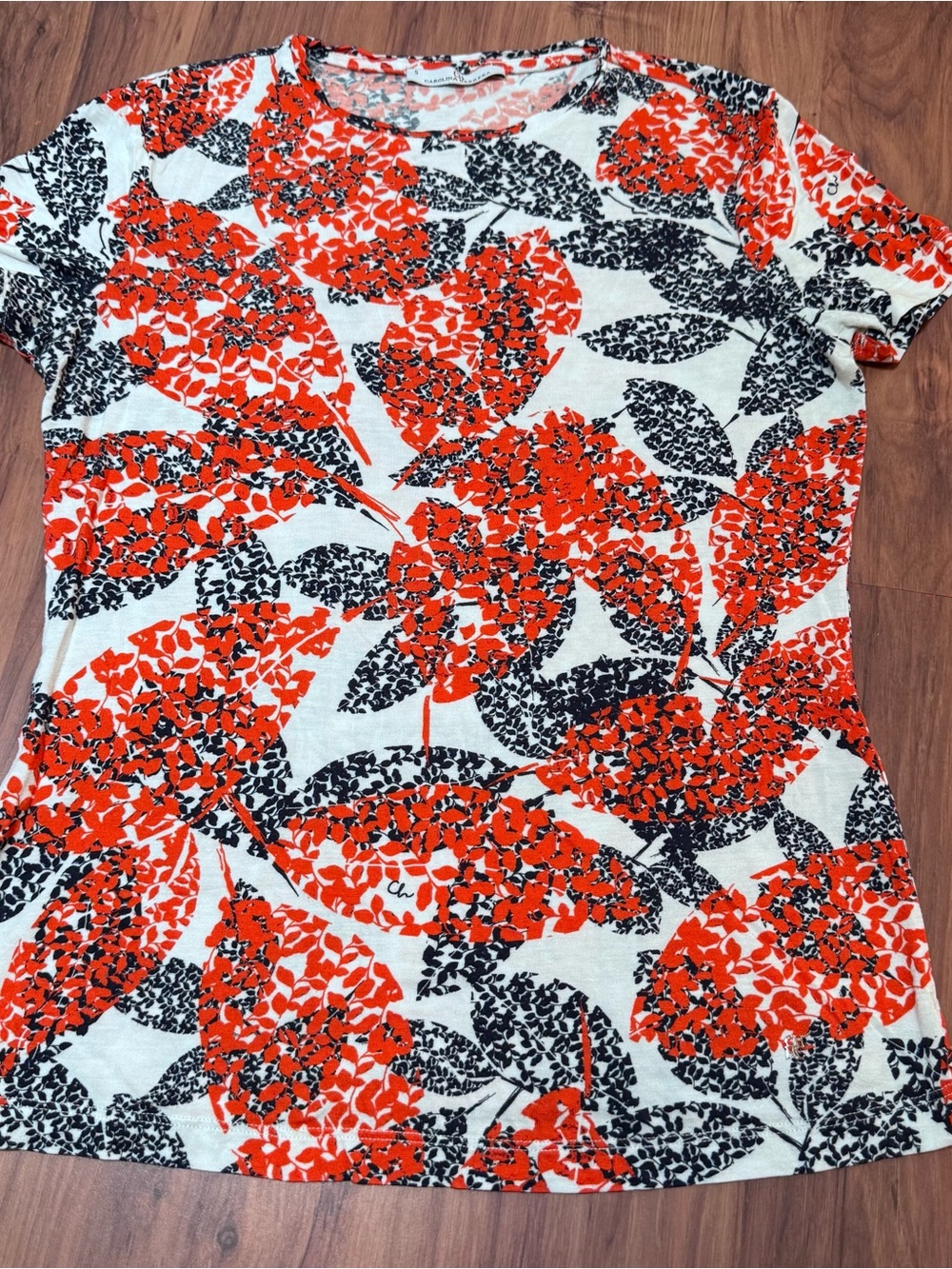 Carolina Herrera Orange, Navy & White Leaf Print Tee
